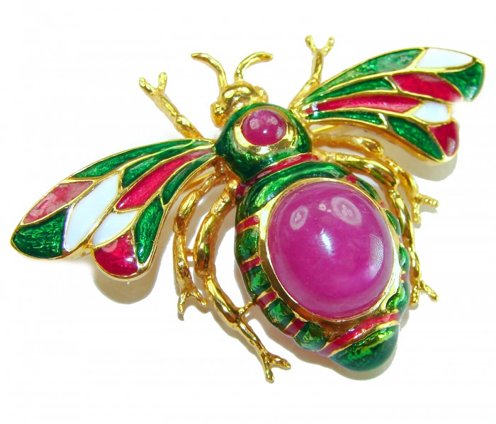 Precious Red Bee genuine 10.2 carat Star Ruby Enamel 18K Gold over .925 Sterling Silver handmade Pendant - Brooch