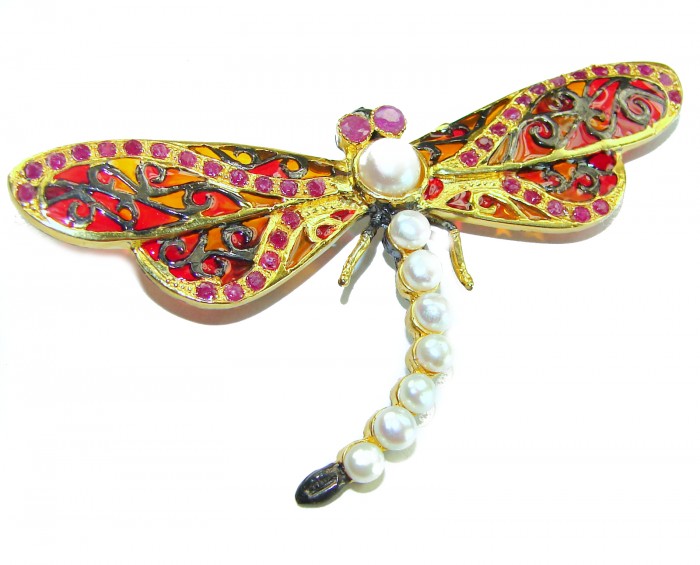 Big Dragonfly Pearl Enamel 18K Gold over .925 Sterling Silver handcrafted Pendant Brooch