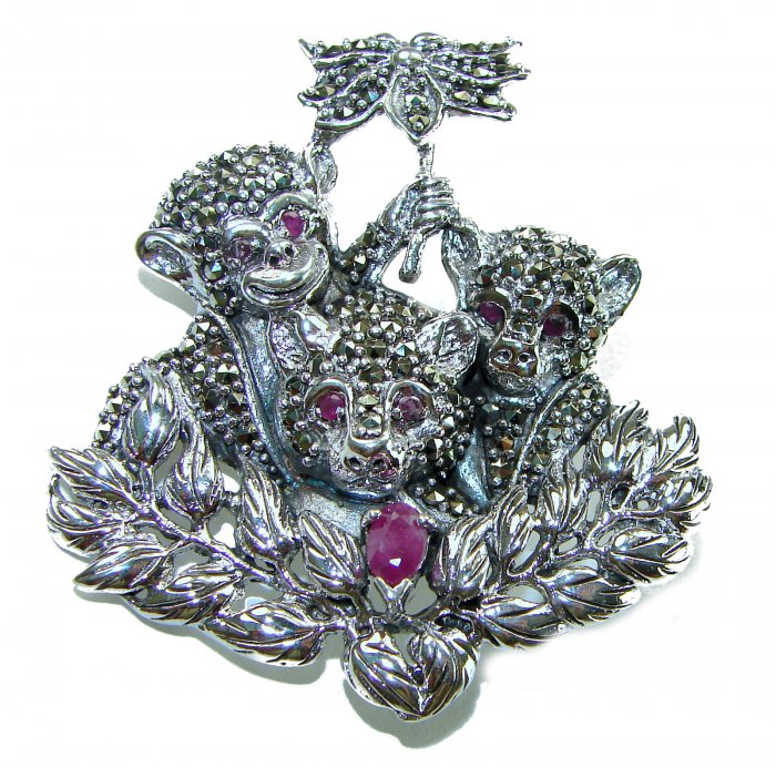 Three Monkeys - Spectacular - Ruby Marcasite .925 Sterling Silver handmade Brooch - video