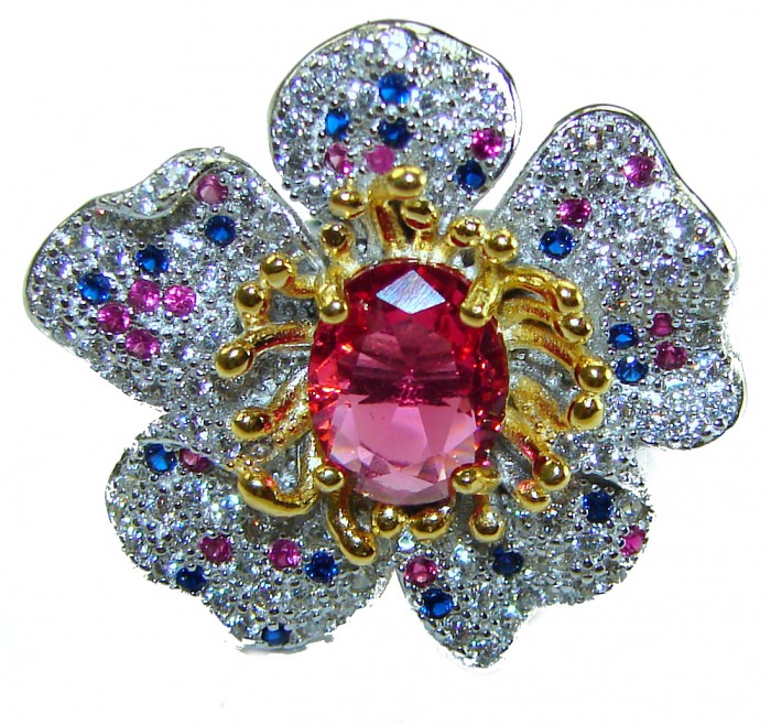 4.2 carat oval cut Brazilian Pink Tourmaline 2 tones .925 Silver handcrafted Cocktail Ring s. 7 adjustable