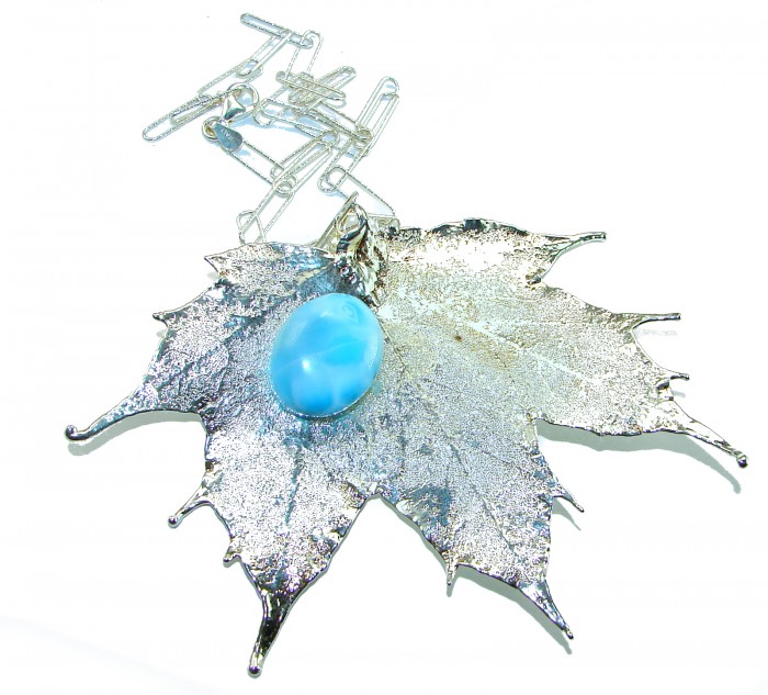 Beautiful Nature 8.2 carat Larimar Real Leaf dipped in Real .925 Sterling silver handcrafted necklace