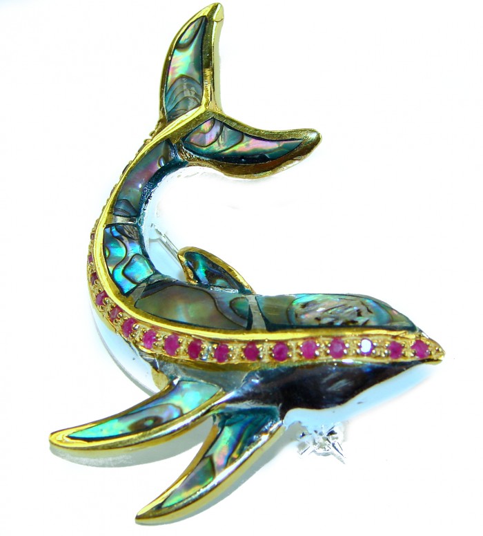 Dolphin Natural Rainbow Abalone Ruby .925 Sterling Silver handmade Pendant Brooch