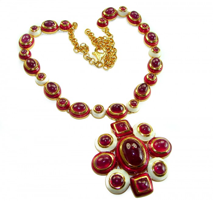 Outstanding - Red Rose - Authentic Kashmir 155.8 carat Ruby Enamel 18K Gold over .925 Sterling Silver handcrafted Station necklace