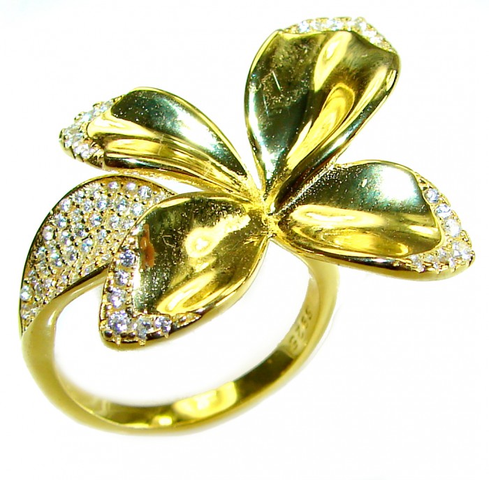 Lotus flower White Topaz highly polished 18K Gold over .925 Sterling Silver Italy made ring s. 7 adjustable