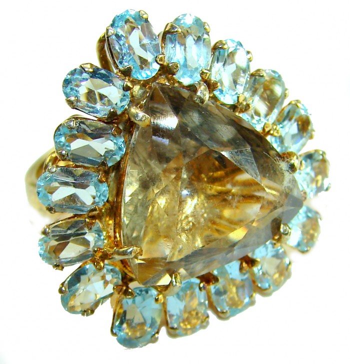 Celestial peace 29.5 carat Champagne Smoky Topaz 14K Gold over .925 Sterling Silver HUGE Ring size 7 1/4