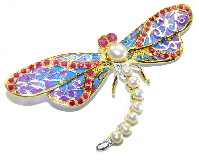 Big Dragonfly Pearl Enamel 18K Gold over .925 Sterling Silver handcrafted Pendant Brooch - video
