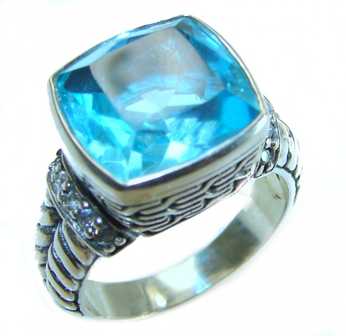 Seaside 15.5 carat authentic Swiss Blue Topaz .925 Sterling Silver handmade Statement Ring size 7 1/4