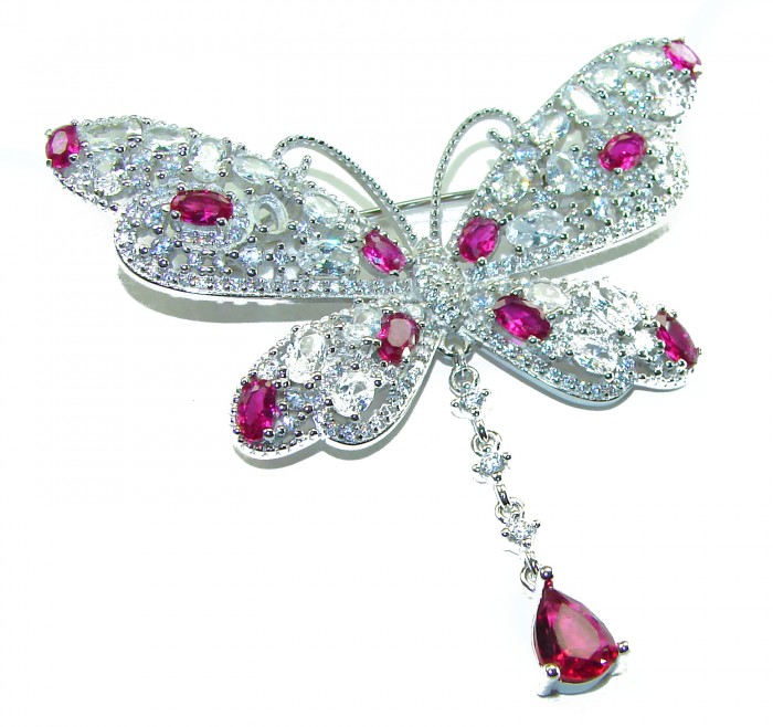 Vintage Design - Red Butterfly - Genuine 10.2 carat Ruby 14k White Gold over .925 Sterling Silver handmade Pendant Brooch