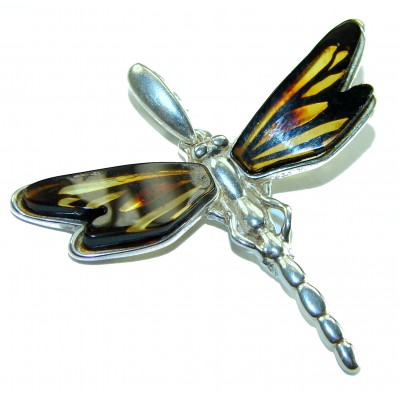 Dragonfly Natural CARVED Baltic Amber .925 Sterling Silver handmade Pendant