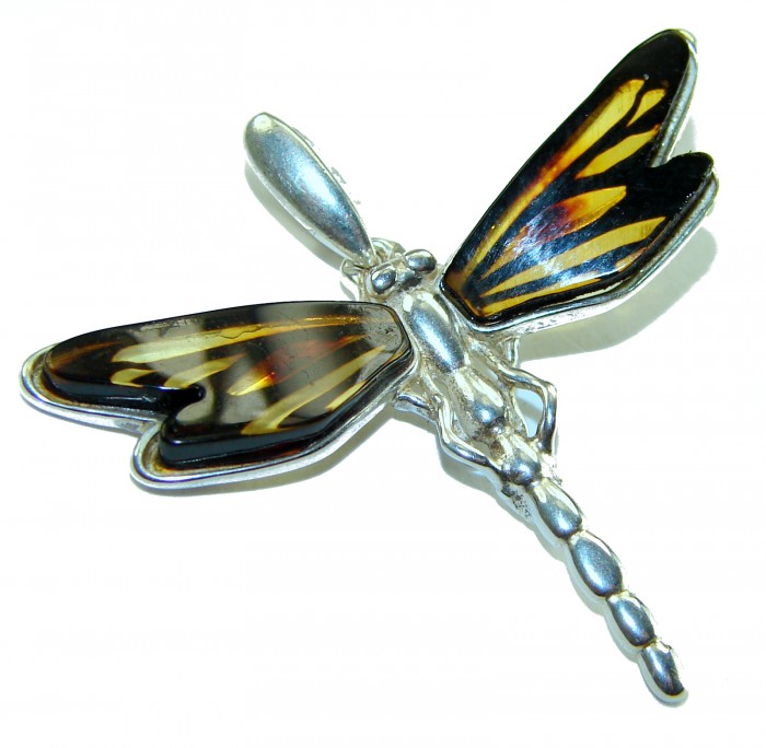 Dragonfly Natural CARVED Baltic Amber .925 Sterling Silver handmade Pendant