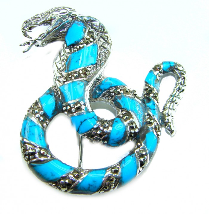 Cobra Snake inlay Turquoise .925 Sterling Silver handcrafted Brooch