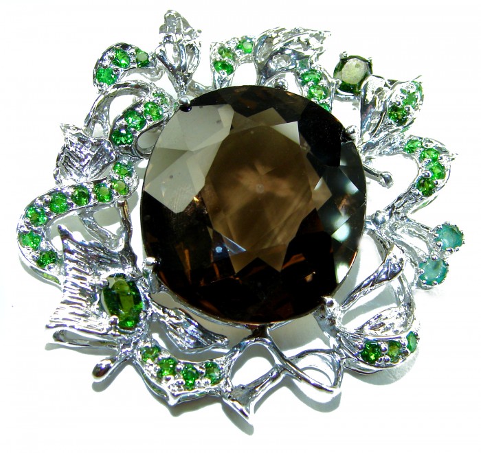 Authentic 55.5 carat carved Smoky Topaz Emerald .925 Sterling Silver handmade Statement Pendant