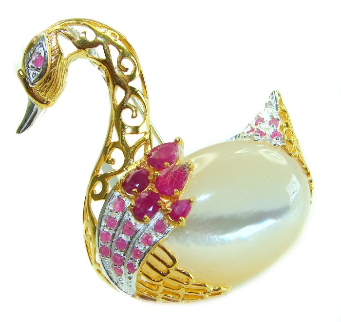 Perfect Swan Blister Pearl Ruby 18K Gold over .925 Sterling Silver handmade Pendant Brooch - video