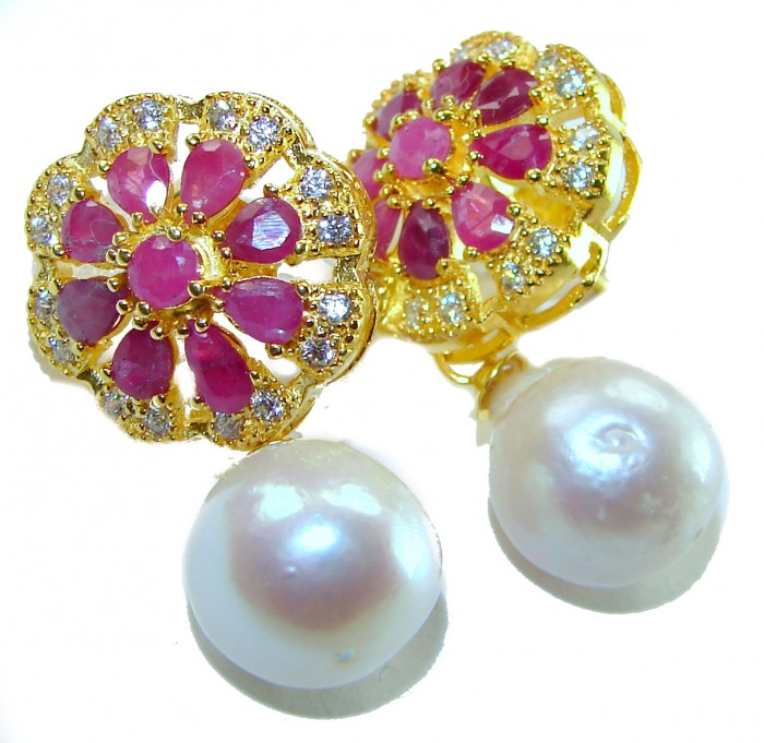 Born to Glam authentic 15.2 carat Ruby Pearl 18K Gold over .925 Sterling Silver handcrafted earrings