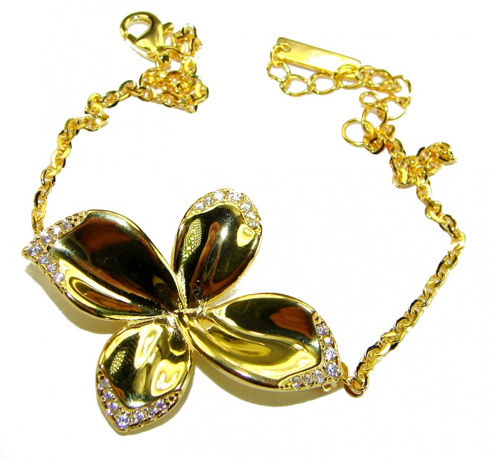 Lotus flower White Topaz highly polished 18K Gold over .925 Sterling Silver Italy made bracelet