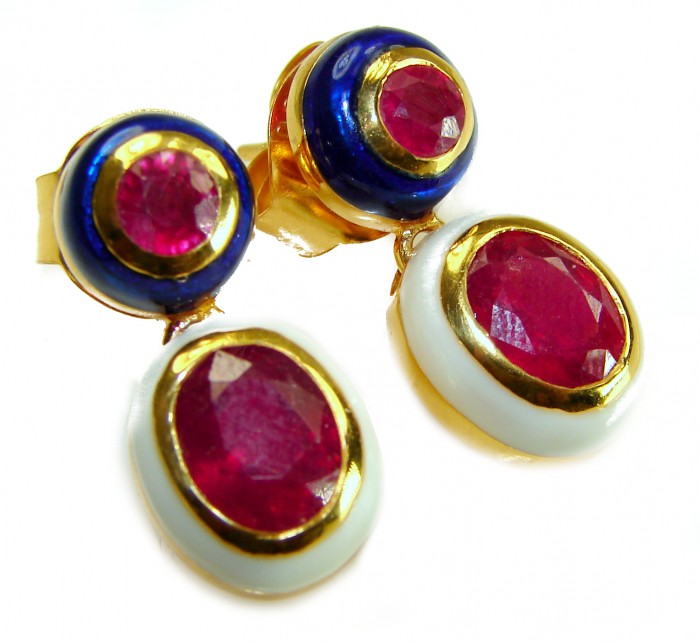 Countless Blessings Genuine 4.5 carat Authentic Ruby enamel 18K Gold over .925 Sterling Silver handcrafted earrings