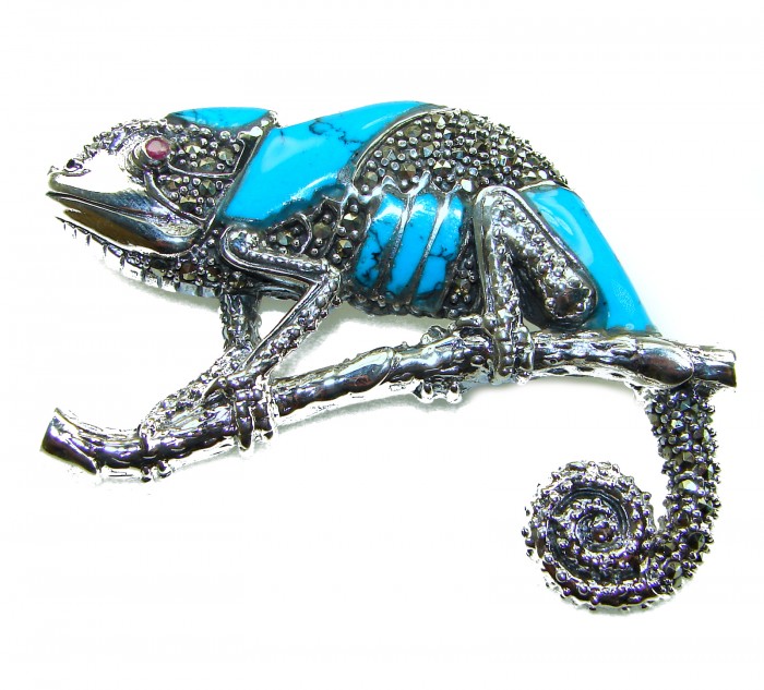 Spectacular Big Chameleon Lizard inlay Turquoise .925 Sterling Silver handmade Brooch