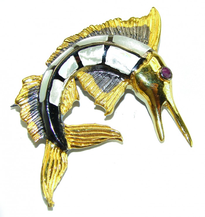 Precious Fish Natural Rainbow Abalone Ruby 14K Gold over .925 Sterling Silver handmade Pendant Brooch