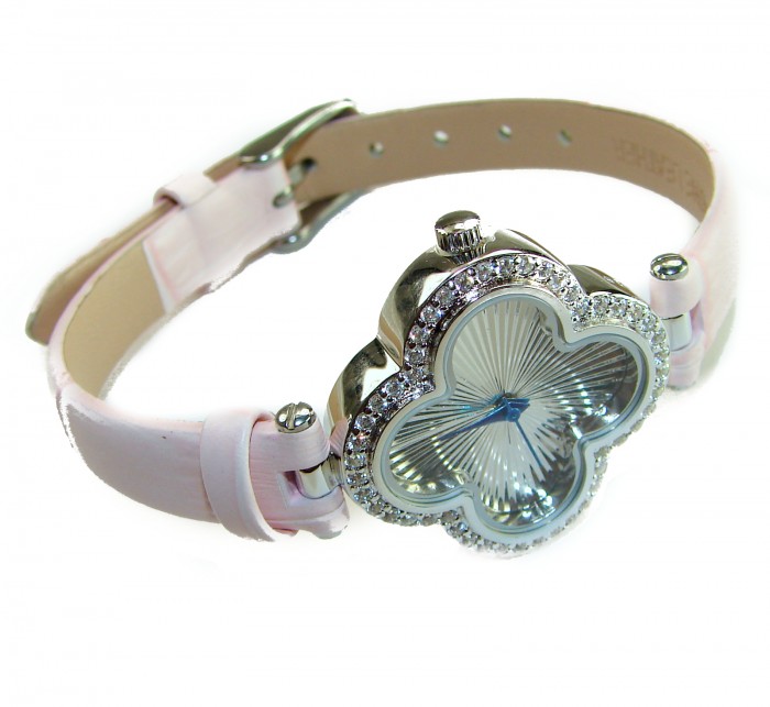 Precious Four Leaf Clover Genuine Leather strap .925 Sterling Silver handmade Watch