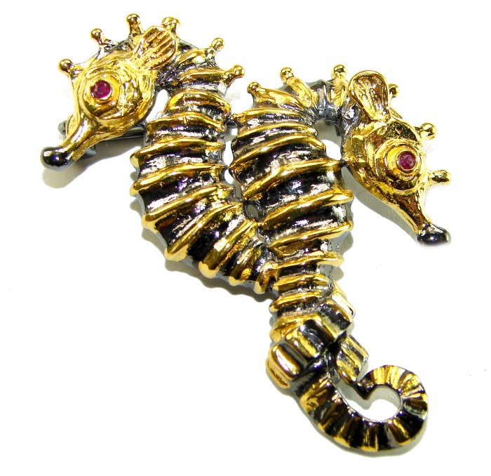 Two Seahorses Excellent 0.5 carat Ruby 14K Gold over .925 Sterling Silver handcrafted Pendant Brooch