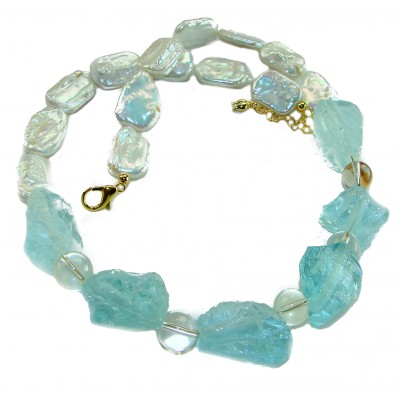 Sky and Ocean authentic rough Aquamarine Mother of Pearl 10k Gold over .925 Sterling Silver handcrafted STATEMENT Necklace