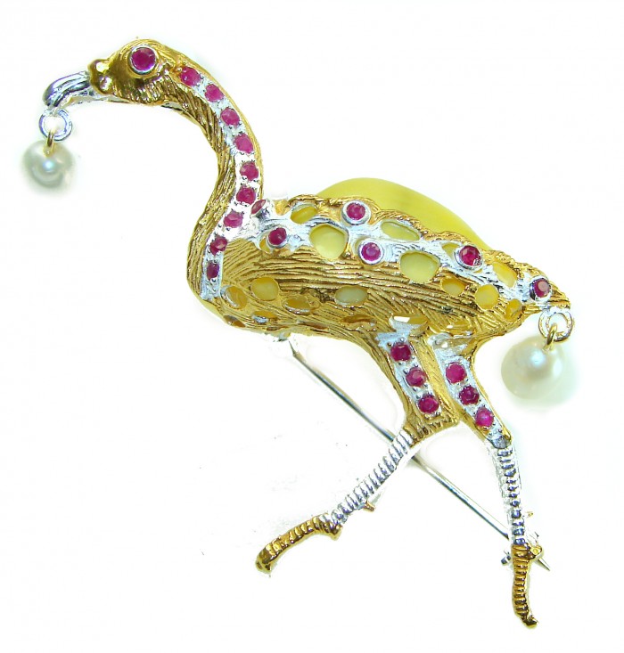 Precious Heron Natural Sea Shell 2 tones .925 Sterling Silver Brooch