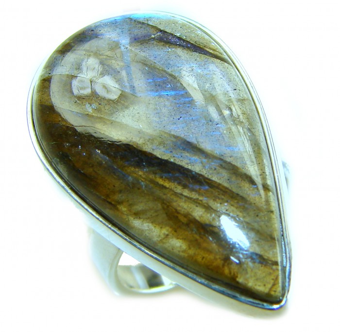 Shimmering Natural faceted Labradorite .925 Sterling Silver handcrafted Large ring size 7 adjustable