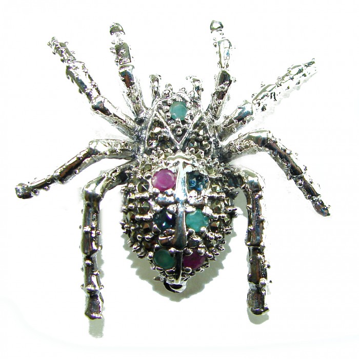 Large Black Widow Spider genuine Ruby .925 Sterling Silver handmade Pendant - Brooch