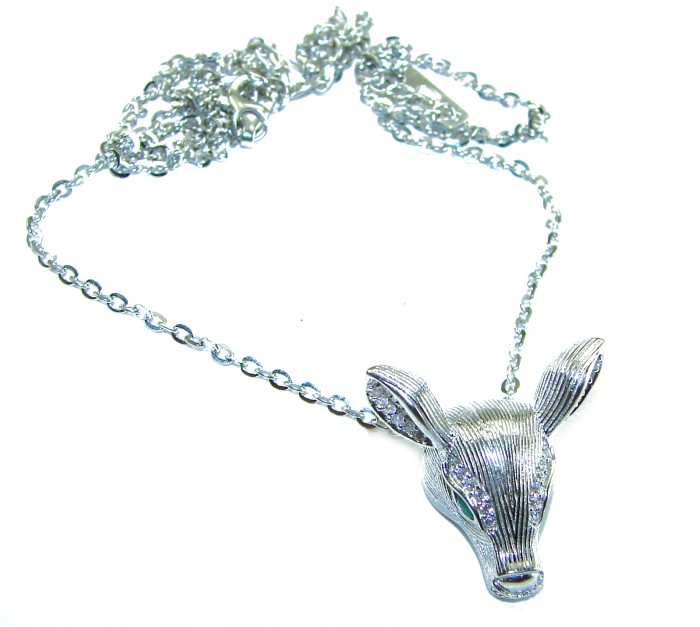 Deer'S Head 0.7 carat Emerald .925 Sterling Silver handmade Statement necklace