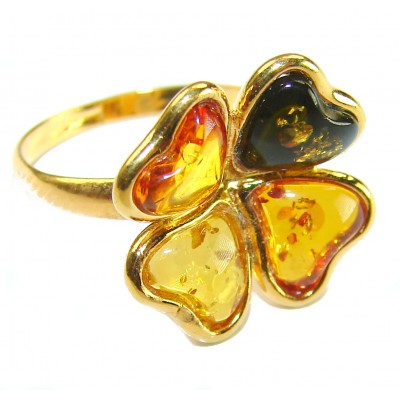 Beauty of the Nature Baltic Amber .925 Sterling Silver dipped in real Gold handcrafted HUGE ring; s. 7 adjustable