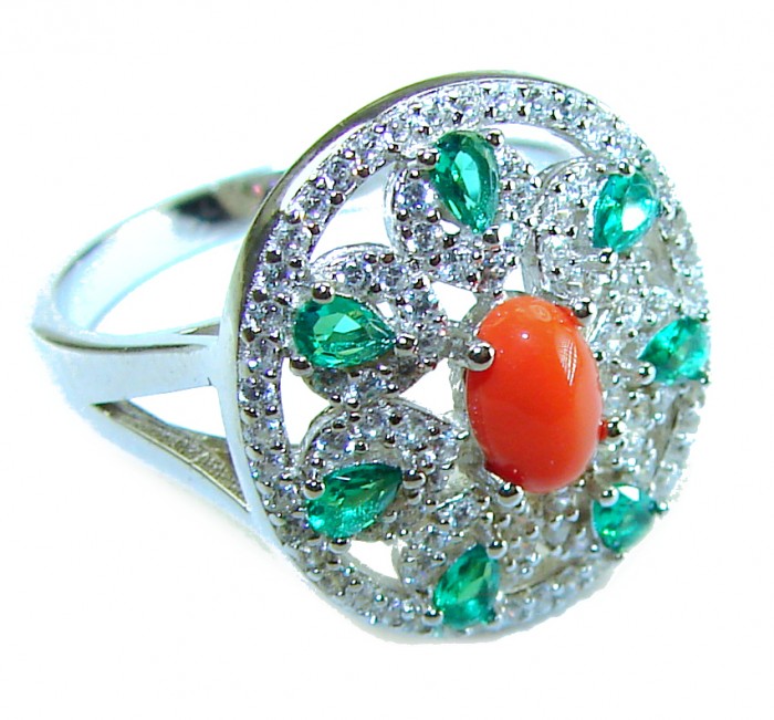 Serenity - 10.5 carat genuine Coral Emerald .925 Sterling Silver handmade ring s. 8