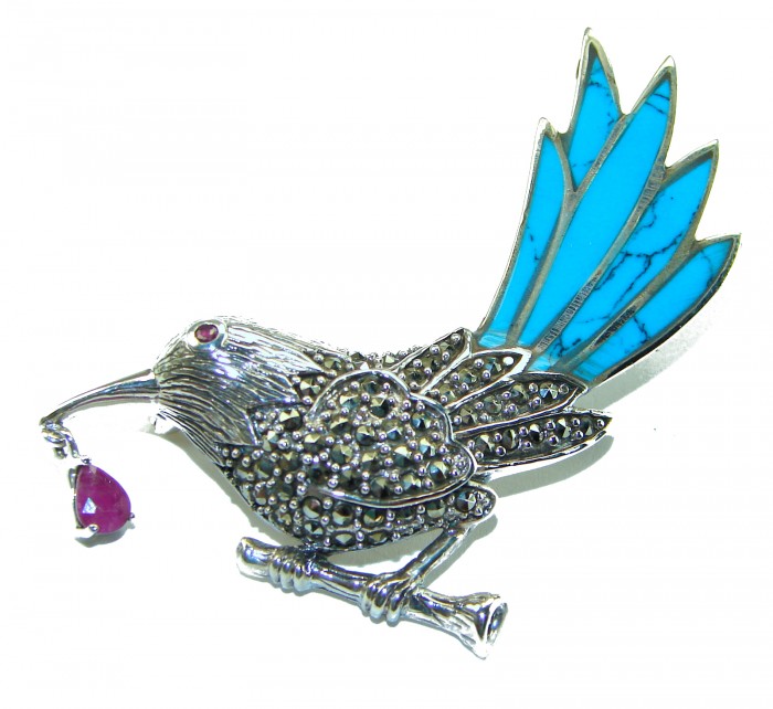 Blue Bird genuine INLAY Turquoise Marcasite .925 Sterling Silver handmade Brooch