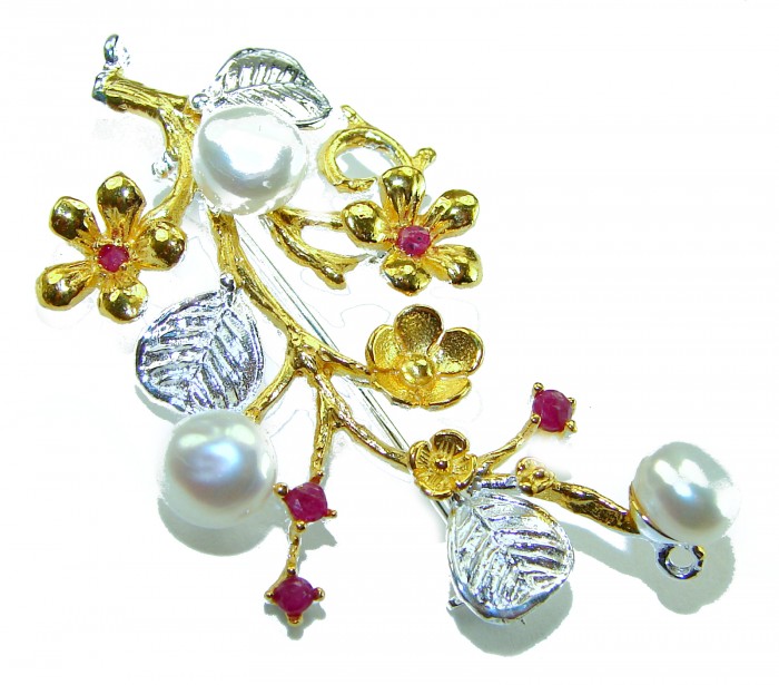 Floral Design Genuine Pearl Ruby 14K Gold .925 Sterling Silver handmade Pendant Brooch