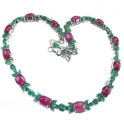 Luxurious natural 202.5 carat Ruby Emerald .925 Sterling Silver handmade Statement necklace