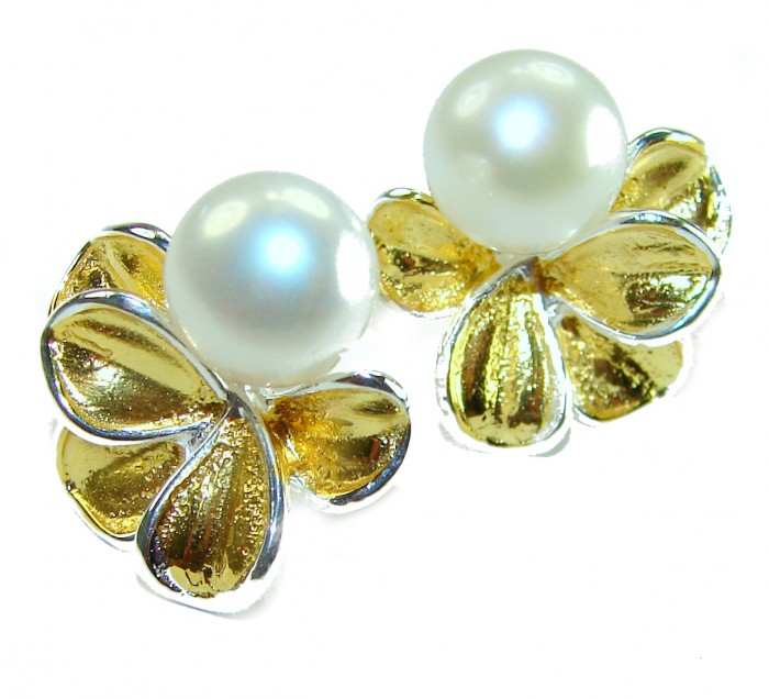 Genuine Pearl 14K Gold over .925 Sterling Silver handcrafted Statement Earrings