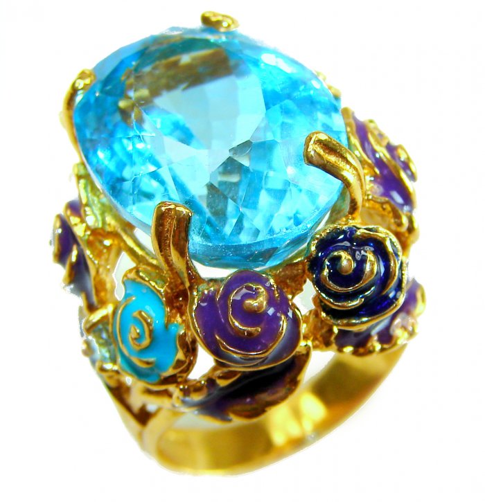 Blue Garden Natural 32.4 carat Swiss Blue Topaz .925 Sterling Silver dipped in 18K Gold handmade Large Statement Ring size 7 1/2 - video