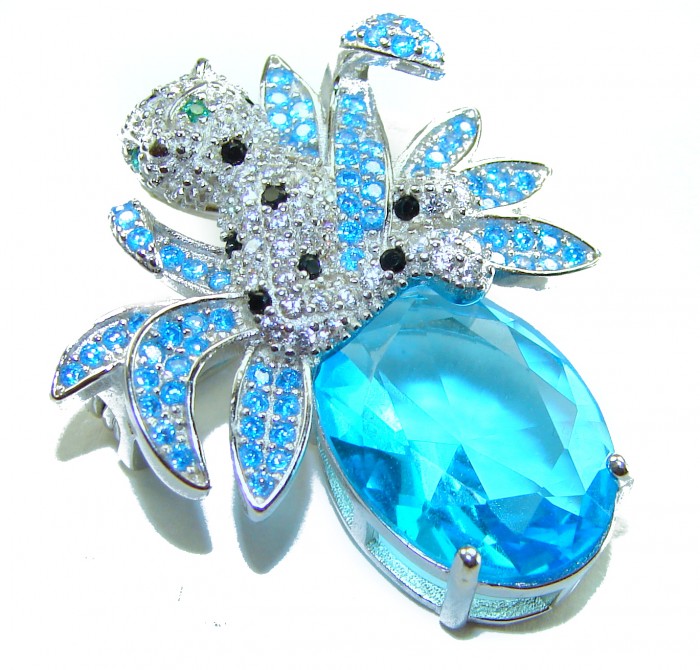 Blue Cheetah authentic 12.5 carat Swiss Blue Topaz .925 Sterling Silver Handcrafted pendant brooch
