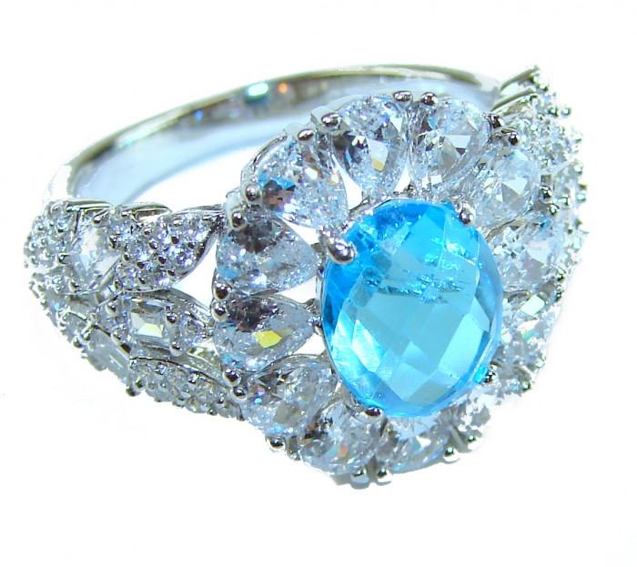Blue Odyssey 4.5 carat authentic Swiss Blue Topaz .925 Sterling Silver handmade Statement Ring size 7 1/4
