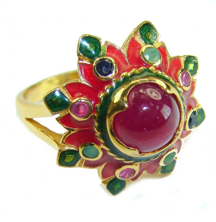 Divine Creation 5.5 carat Mozambique Star Ruby Enamel 18K Gold over .925 Sterling Silver handcrafted Ring s. 7 3/4
