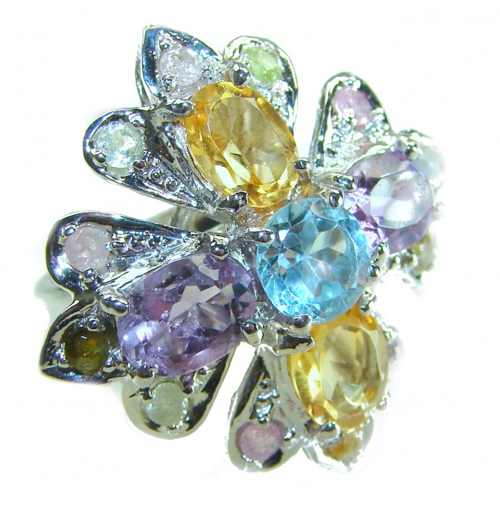 Celtic Spirit authentic fancy cut 15.5 carat Swiss Blue Topaz rhodium over .925 Sterling Silver handcrafted Statement Ring s. 7