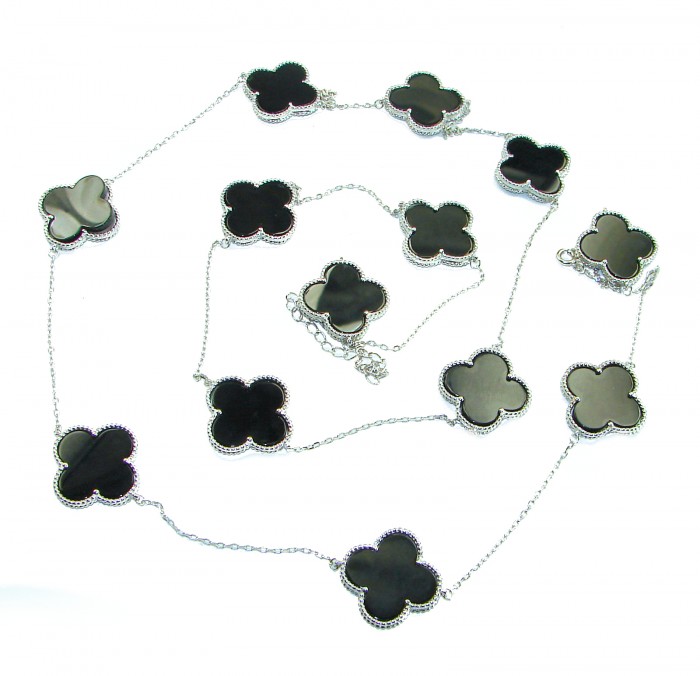 38 inches Outstanding authentic inlay ONYX Lucky Four Leaf Clover .925 Sterling Silver necklace