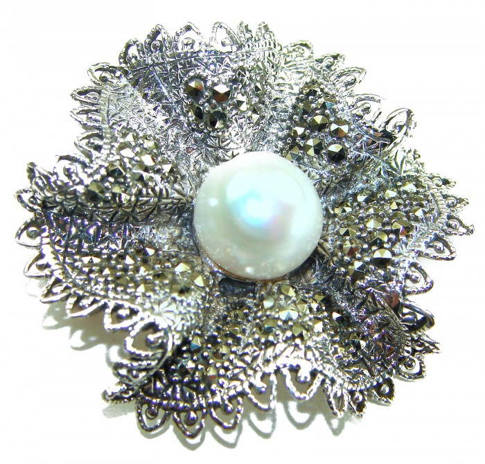 Genuine white Pearl Marcasite .925 Sterling Silver handcrafted Brooch