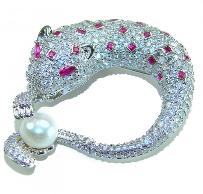 Precious Wild Cheetah 29.8 carat Ruby real Pearl .925 Sterling Silver handmade Pendant Brooch - video