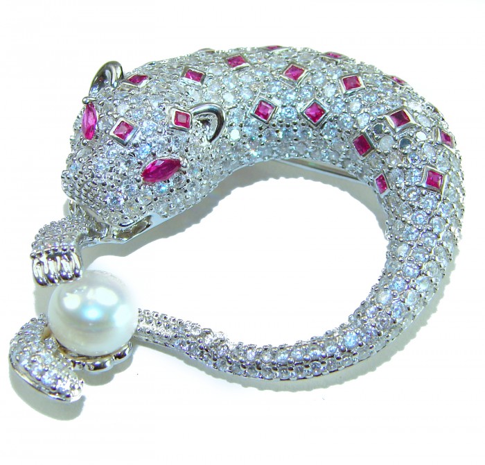 Precious Wild Cheetah 29.8 carat Ruby real Pearl .925 Sterling Silver handmade Pendant Brooch