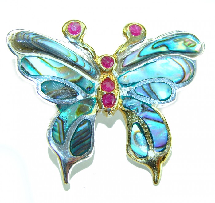 BUTTERFLY Natural Rainbow Abalone 10k GOLD OVER .925 Sterling Silver handmade Pendant