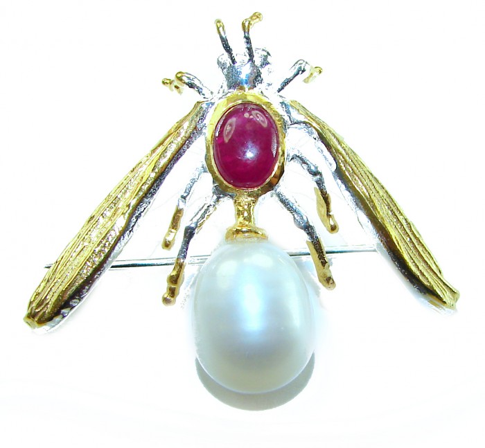 Ruby Bee genuine Enamel Pearl 14K Gold over .925 Sterling Silver handmade Pendant - Brooch