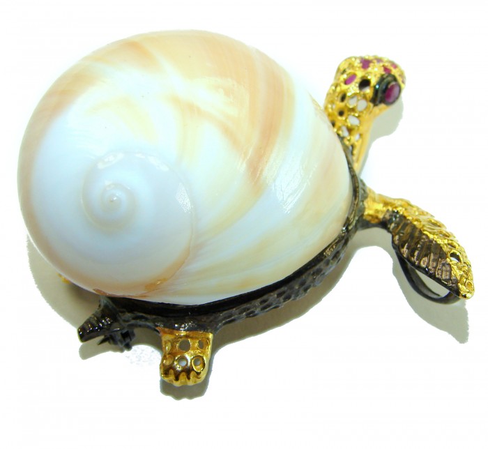 Good health and Long life Big Turtle Genuine Ocean Shell Ruby 14K Gold over .925 Sterling Silver handcrafted brooch