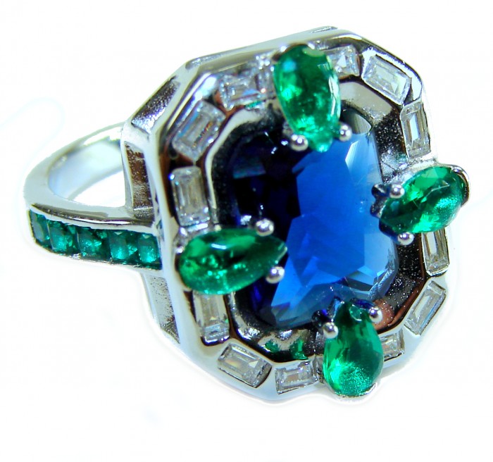 Art Deco 8.6 ctw Sapphire Emerald .925 Sterling Silver handcrafted Statement Ring size 8