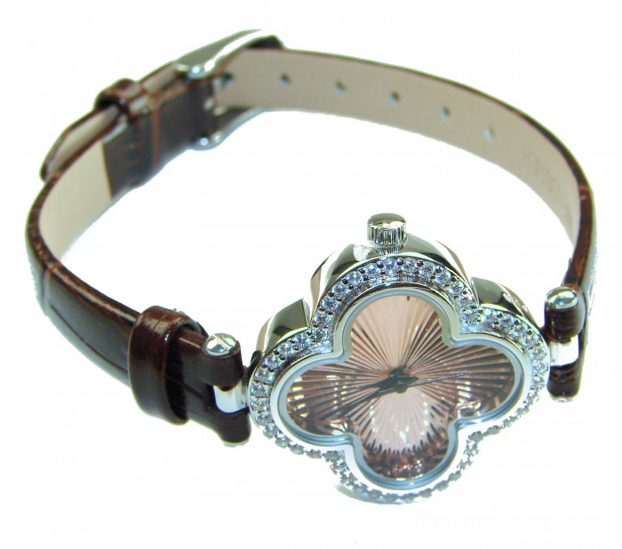 Precious Four Leaf Clover Genuine Leather strap .925 Sterling Silver handmade Watch