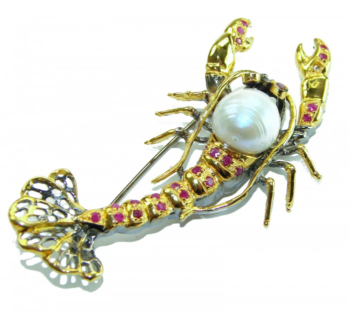 Precious Crayfish Natural Mother of Pearl Ruby 18K Gold over .925 Sterling Silver handmade Pendant Brooch